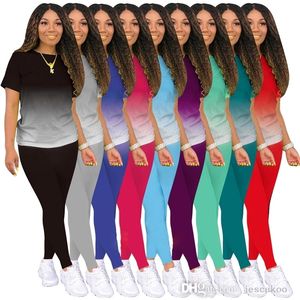 2022 Damkläder Gradient träningsoveraller Designer 2-delad byxuppsättning Fritidssport Kortärmad T-shirt Leggings Outfits Plus Size