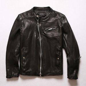 Motorcycle Apparel Mens Slim Fit Stand Collar Vintage Genuine Leather Jacket Cafe Racer Moto Riding Biker Casual