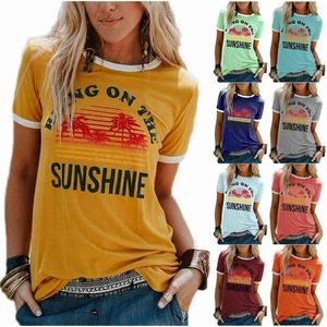 Женщины приносят солнечные пляжные повседневные TEE женские эстетические стритвальки слоган цветочные экипажные шеи писем лето топ футболка 210623