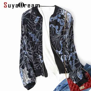 SuyaDream Women Jacket 100%Real Silk Zipper Up Jacquard Jackets Fall Winter Pattern Outwear Black 210914