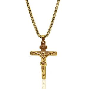 24K Solid Yellow Gold GF mm Italian Figaro Link Kedja Halsband Kvinnor Mens Jesus Crucifix Cross Pendant U2