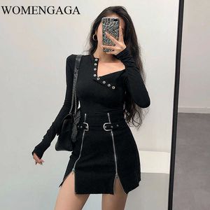 WOMENGAGA Autumn High Waist Zipper Slim Hip-covered A-line Mini Sexy Womens Skirt + Belt Fashion Girl Female O1BB 210603