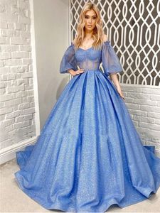 Sparkly Blue Sequins Evening Dresses Puffy Ball Gown Off The Shoulder V Neck Long Prom Party Gowns Corset Half Sleeve Special Occasion Dress 2022