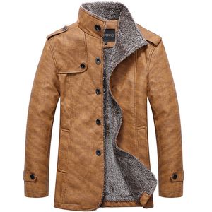 Zima Ciepła Smart Casual Jacket Mężczyźni Solidna Z Długim Rękawem Faux PU Skórzany Płaszcz Stojak Kołnierz Grube Slim Fit Men Kurtka Kłęki