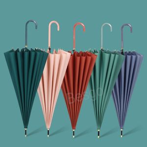 Solid Color Wooden Straight Shank Umbrella 16k Windproof Cortex Bend Handle Umbrellas Unisex Thicken Long Handles Umbrella BH6087 TYJ
