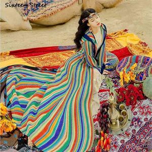 Boho цыган вязаный кардиган женщина радуги негабаритные вязание накидки одежда осень зима пустынный пляж с капюшоном 210603