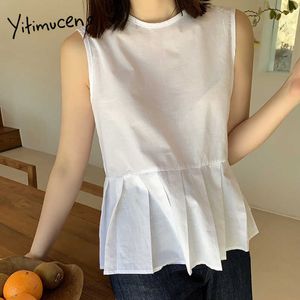 Yitimuceng Folds Crop Tops Kobiety Lace Up Sexy Streetwear Camis Korean Moda Spaghetti Strap Tank Top White Black Lato 210601