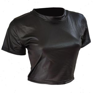 Women's T-shirt Women Faux Leather T-shirt Crop Tops Short Sleeve Sexy Punk Midriff Tee Shirt Top