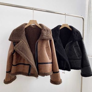 Vinter Retro Kort Varm Lamm Jacka Kvinnors Koreanska Loose Lapel Leather Button Cardigan Wool Coat 210607