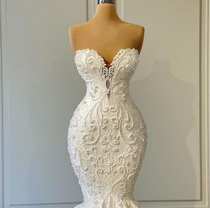 Sexy Luxury Mermaid Bride Gowns Sweetheart Tulle Lace Crystal Pearls Wedding Dresses Women Custom Made Robe De Mariee2478