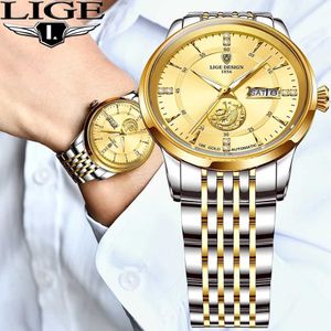 LIGE Mężczyźni Automatyczne Zegarki Mechaniczne Luksusowe Marki Biznes Ze Stali Nierdzewnej 100M Wodoodporna Zegarek Mężczyźni Moda Zegar Reloj Hombre 210527