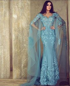 Sky Blue Lace Mermaid Evening Dress With Wrap Appliqued Lace Long Sleeve Formal Prom Party Dresses Custom Made Plus Size Robe De Mariée