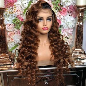 Nova onda profunda marrom ombre colorido lace frontal peruca de cabelo humano peruca 180 densidade peruca sintética para mulheres negras
