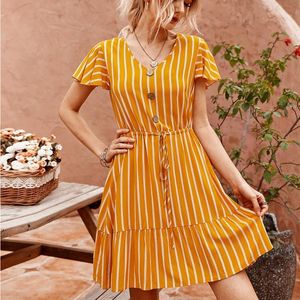 Męskie Kurtki Kobiety Summer Beach Dress 2021 Casual Krótki Rękaw Paski Boho Mini Party Elegant V-Neck Sundress Vestidos # J30