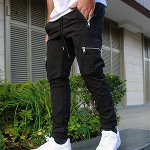 Jogador Sweatpants Track Calças Homens Slim Fit Treino Calças Masculinas Multi-bolso Casual Calças Skinny Calças Men's Zipper Design Sportswear 211112
