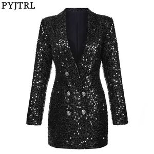 PYJTRL Moda Donna Scialle Risvolto Paillettes lucide Giacca da donna Cappotto lungo doppio petto Slim Fit Blazer Abiti autunnali 211006