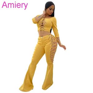 Desinger Button Flared Pants Two-piece Set Women Square Neck Tracksuits Sexy Hollow Out Corns Strap Bandage Suit