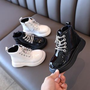 Boots Boys Black School Size26-36 Korean Side Zip Girls Fashion Flat Leather Glossy Ankle Drop Little