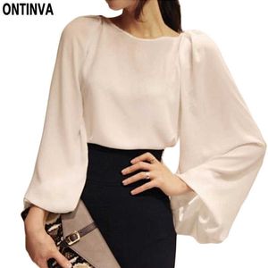 Primavera Verão Branco Blusa Coreana XXL Chiffon Mulheres Escritório Desgaste Latern Sleeve Blusas Femininas Botões Senhoras Tops 210527