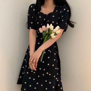 Mozuleva South Korean Young Girl Square Neck Chiffon Dress with Short Sleeves Vintage Summer Dress 210706