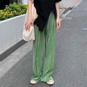 Hzirip Grün Plaid Split Hohe Taille Drapieren Dünne Lose Mode All-Match Frauen Sommer Gerade Plissee Casual Wischen Hosen 211115