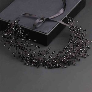 100% Handmade Black Crystal Beads Mulheres Tiaras e Coroas Fita de Casamento Headband Piece De Cabelo Nupcial Para Acessórios Promotor 210707