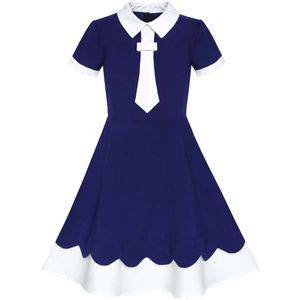 Dziewczyny Dress Back School Uniform Navy Blue White Collar Tie Krótki Rękaw 2020 Letnia Księżniczka Wedding Party Dresses Odzież q0716