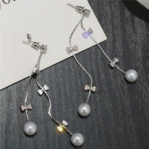 Stud 2021 Korean Fashion Tassel Purple Pearl Earrings Temperament Long Pendants Bow Charm Elegant Lady Jewelry Gift