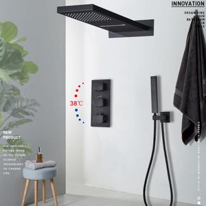 Badezimmer-Duschsets, schwarze Thermostat-Wasserhähne, Regen-Wasserfall-Kopf mit 3-Wege-Mischbatterie, Bad-Wasserhahn