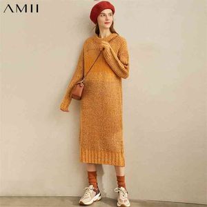 Knitted Dresses Winter Women Fashion Round Neck Loose Solid Elegant Female Knit Dress 11980759 210527
