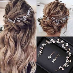 Flower Headbands Milk Crystal Golden Wedding Dress Accessories With Earrings Pearl Hair Vines Handmade Women Jewelry 210707