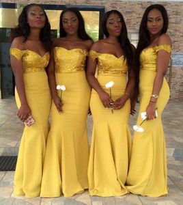 2021 Nya Gula African Mermaid Bridesmaid Dresses Sequined Off Shoulder Plats Baklösa Sweep Train Zipper Maid of Honor Dress Custom Made