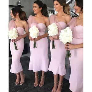 Modest pink One Shoulder Sheer Strap Bridesmaid Dresses short satin tea Length Bridal Maids of Honor Dress Party Gowns