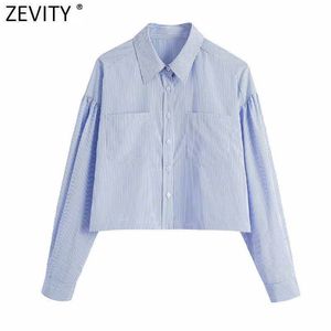 Zevity Frauen Einfach Einfarbig Doppelte Taschen Patch Kurze Hemden Büro Dame Langarm Bluse Roupas Chic Chemise Tops LS9241 210603