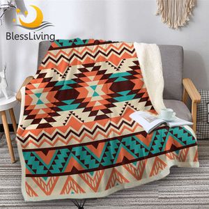 BlessLiving Aztek Battaniye Geometrik Mikrofiber Custom Made Battaniye Tribal Etnik Yumuşak Yatak Örtüleri Turuncu Mavi Egzotik Mantas 211019