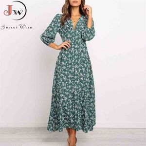 Kadın Şifon Uzun Elbise Çiçek Baskı Fener Kol A-Line Maxi Vestidos Sonbahar Zarif Vintage V Boyun Kış Elbiseler 210623