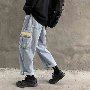 Men's Cowboy Wide Leg Pants Hip Hop Baggy Homme Casual Pants Cargo Pocket Wash Jeans Biker Denim Blue Color Trousers M-3XL 210524