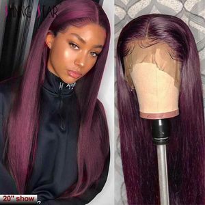 Straight Burgundy Lace Front Wig 99J Colored 13*1 Lace Front Human Hair Wig Peruvian Remy Lace Part 150 Pre Plucked