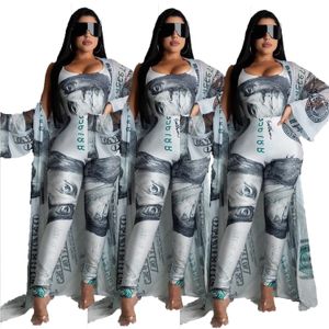 Summer Women Dollar Print Suit 3 Pieces Dress Tracksuits Bodysuits+Pants+Coat Pcs Leggings Fitness Outfit