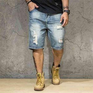 Summer Men's Loose Straight Ripped Denim Shorts High Quality Plus Size 40 42 44 Light Blue Hole Jeans Short Male Brand 210713