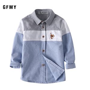 GFMY Vår 100% Oxford Textil Bomull Full Sleeve Broderi Mönster Boys Shirt 3T-12T Splice Kid Casual Kläder 9012 210306