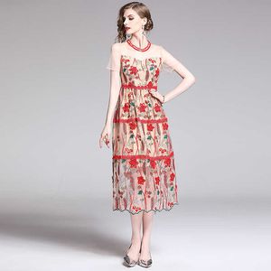 Vintage Flower Embroidery Dress Women O Neck Short Sleeve High Waist Mesh Dresses Vestido Robe Summer 210529