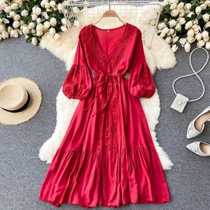 Vermelho / Branco Vestido Bordado Mulheres Primavera Outono Elegante V-Neck Único Cintura Alta Cintura Slim Slow Manga Longa Vestido 2021 NOVO Y0603