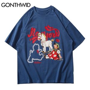 Tees Shirts Streetwear Men Hip Hop Cartoon Cute Girl Horse Bear Skriv ut Kortärmad T-shirts Casual Cotton Harajuku Toppar 210602