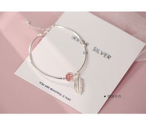 Literary Feather Strawberry Crystal Silver Bracelets Temperament Creative Female Sweet Trendy Resizable Jewelry