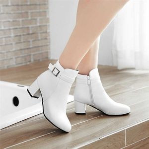 YQBTDL Autumn Winter Block Chunky High Heels Ankle Boots for Women Black Brown White Buckle Woman Booties Office Lady Shoes 43 Y0914