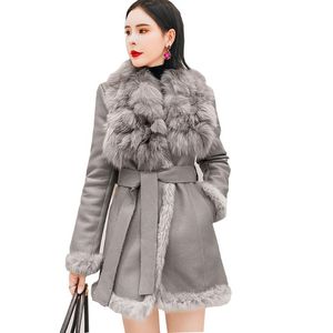 Women's Fur & Faux 2021 Real Collar Coat Women Winter Thicken Loose Warm Outwear Mid Long Double Faced Jacket Ladies Solid Parka