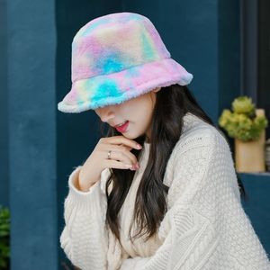 Moda Faux Fur Bucket Chapéu Para As Mulheres Menina Arco-íris Laço Tintura Macio Quente Fisherman's Gorros Winter Lady Presentes