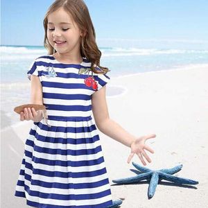 W.L.Monsoon Bebek Kız Elbise Kiraz Nakış 2021 Yaz Vestido Infantil Prenses Elbise Çizgili Kostüm Çocuklar için Elbiseler Q0716