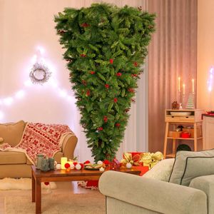 [USA stock free DHL UPSS]China style souvenir 1500 Tips, with Red Artificial Berries 7.4ft Upside Down Green Christmas Tree, on Sale